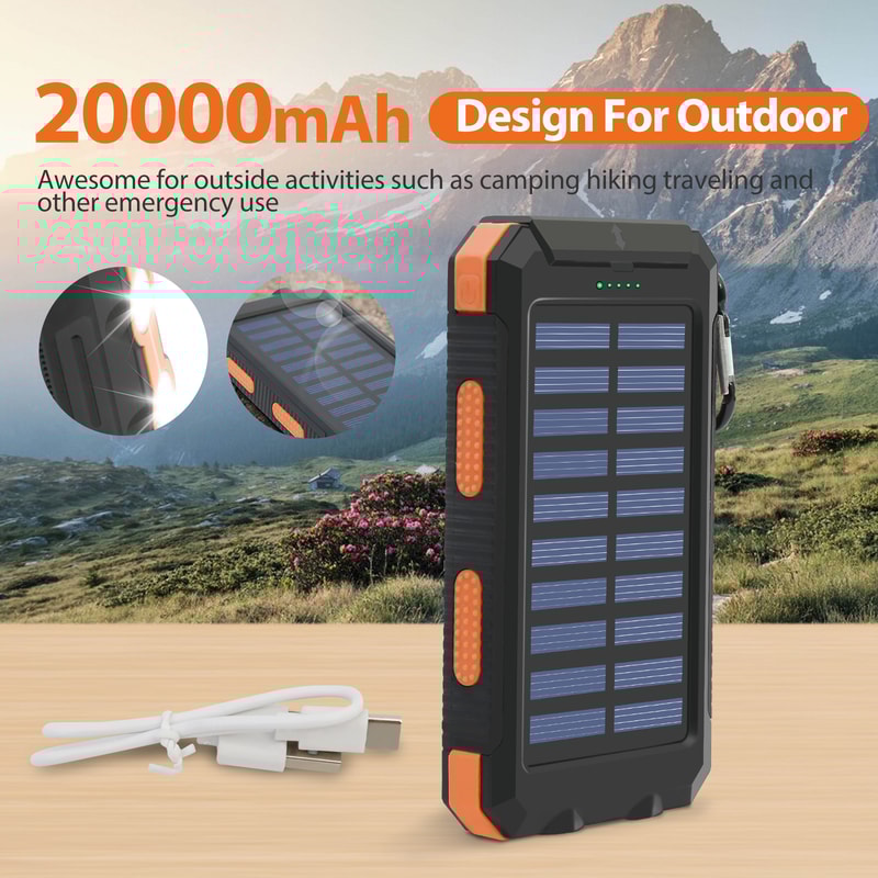 Solar Power Bank with Dual USB & LED Flashlight Portable Waterproof Charger