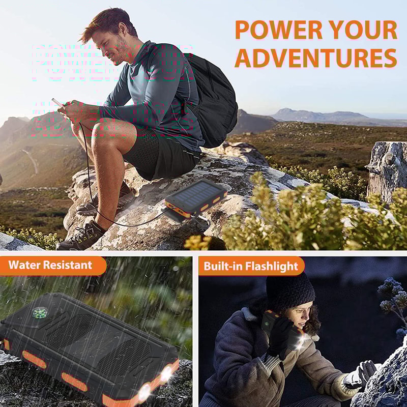 Solar Power Bank with Dual USB & LED Flashlight Portable Waterproof Charger