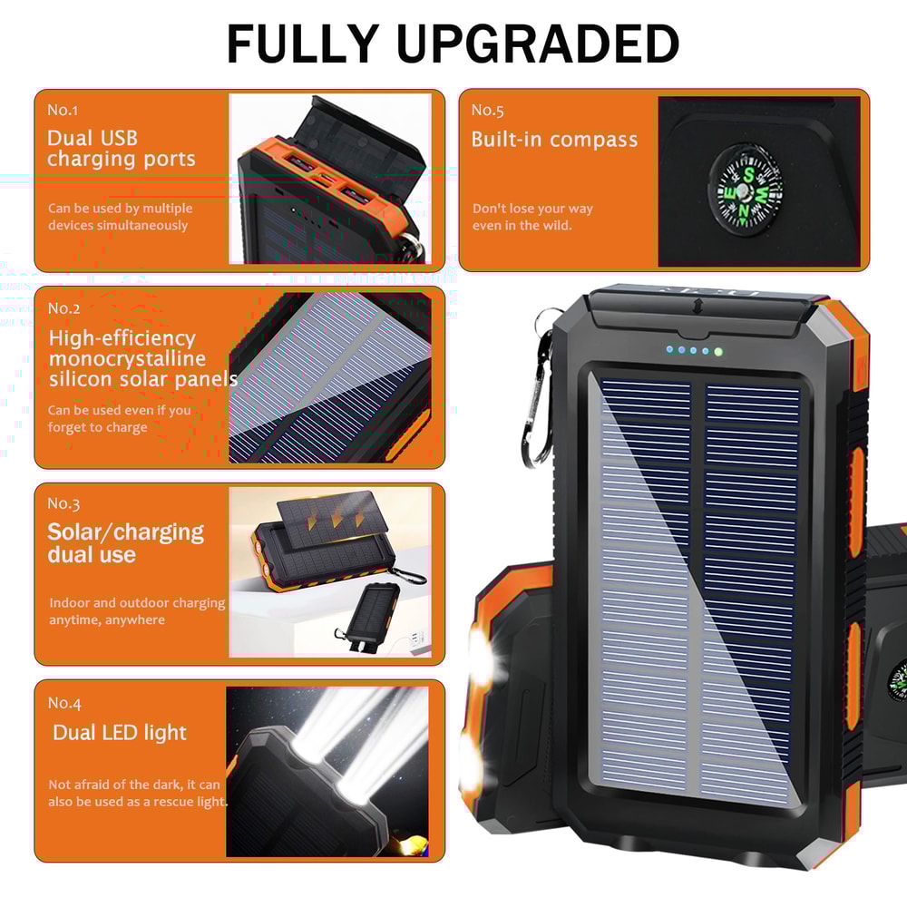 Solar Power Bank with Dual USB & LED Flashlight Portable Waterproof Charger