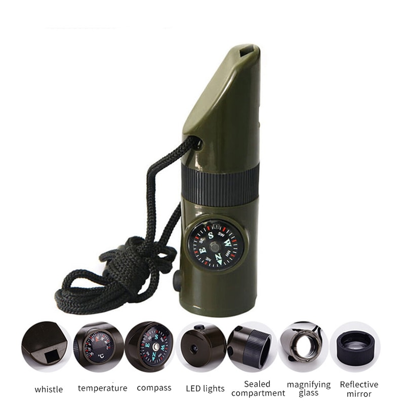 Multi Function Survival Gear with Whistle, Compass & Flashlight