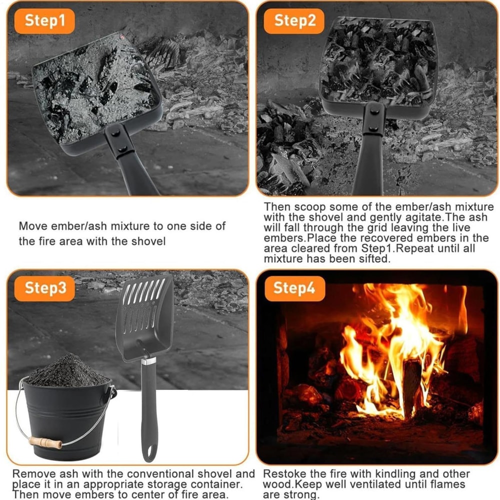 Heavy Duty Fireplace Ash Shovel & Wood Stove Ash Sifter Iron Coal Shovel Tool for Fire Pits, Fireplaces & BBQ Grills