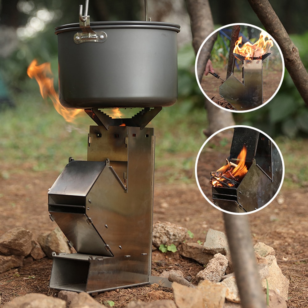 Compact Folding Stainless Steel Rocket Stove for Camping & Outdoor BBQ