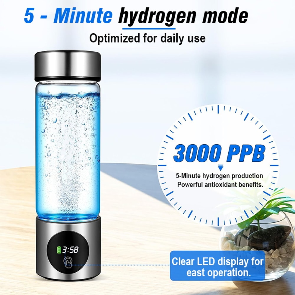 Portable Hydrogen Water Bottle Generator with Dual Chamber SPE PEM Ionizer & Smart Display