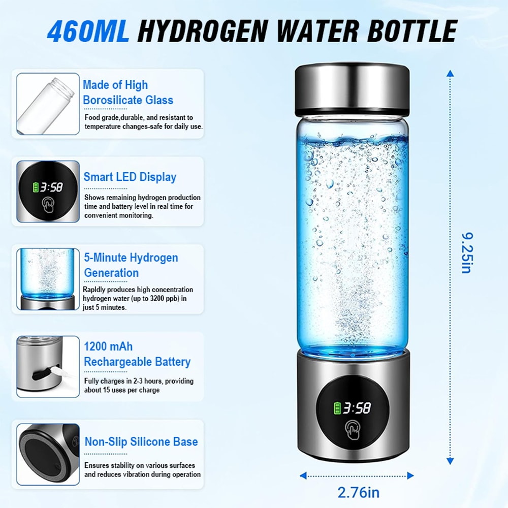 Portable Hydrogen Water Bottle Generator with Dual Chamber SPE PEM Ionizer & Smart Display