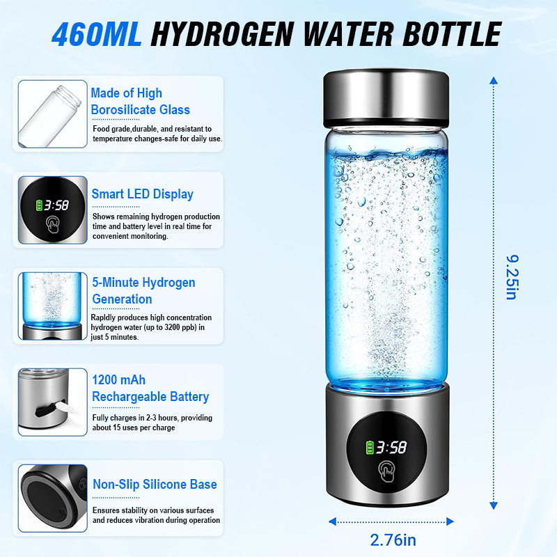 Portable Hydrogen Water Bottle Generator with Dual Chamber SPE PEM Ionizer & Smart Display