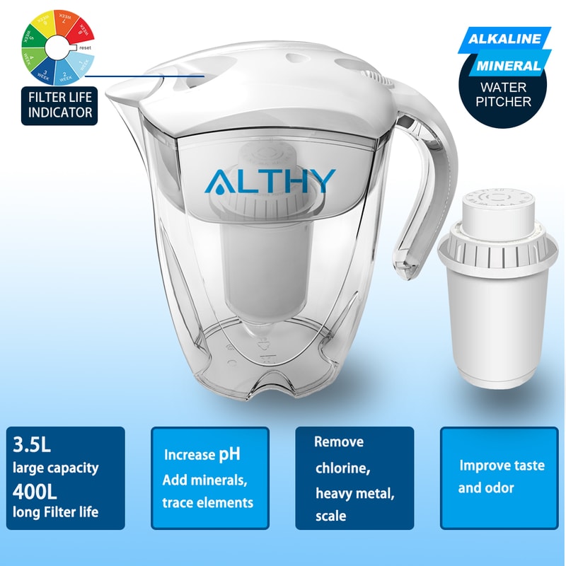 Alkaline Water Filter Pitcher with Long Life Cartridge for Clean pH Balanced Drinking Water