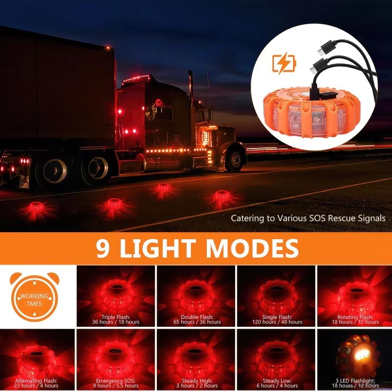 USB Rechargeable LED Road Safety Flares with Magnetic Emergency Beacon