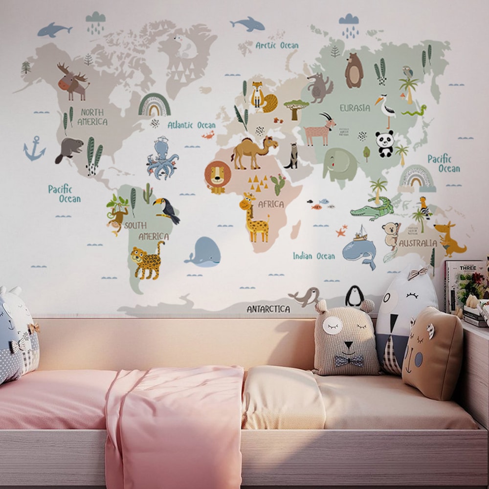 Kids World Map Wall Sticker Cartoon Animal Decal for Nursery Bedroom Educational Wall Decor