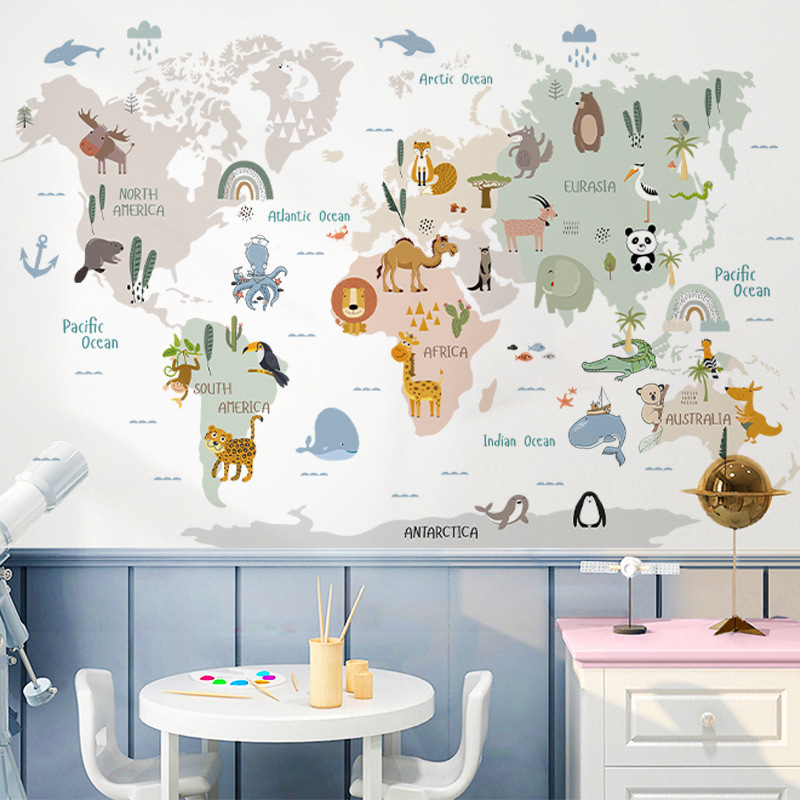 Kids World Map Wall Sticker Cartoon Animal Decal for Nursery Bedroom Educational Wall Decor
