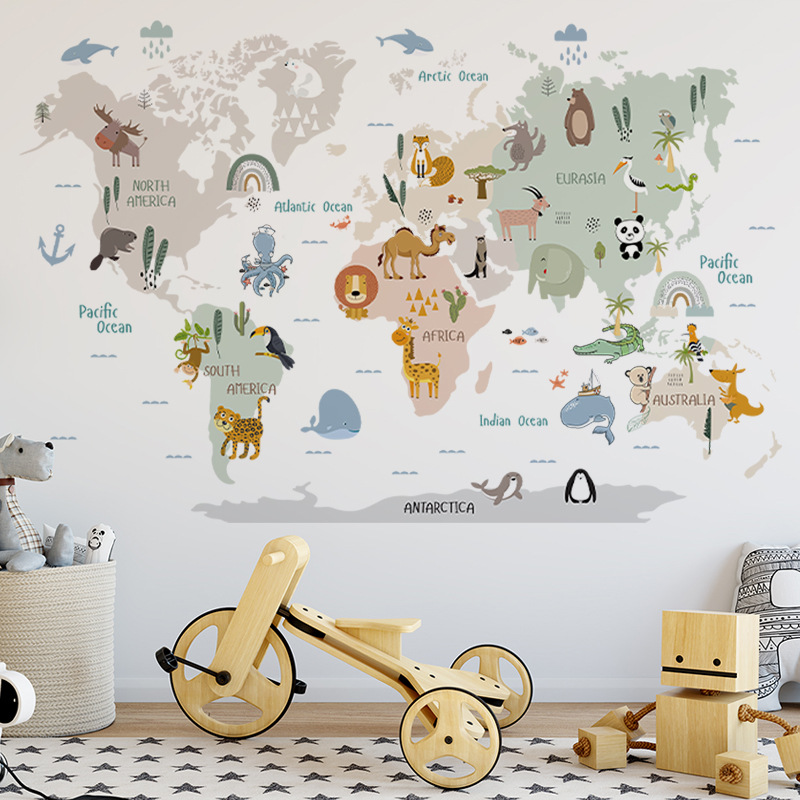 Kids World Map Wall Sticker Cartoon Animal Decal for Nursery Bedroom Educational Wall Decor
