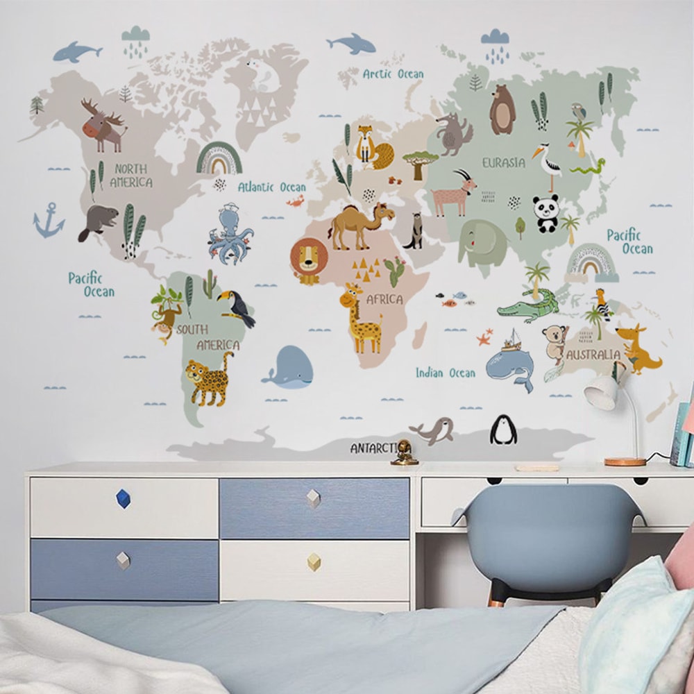 Kids World Map Wall Sticker Cartoon Animal Decal for Nursery Bedroom Educational Wall Decor