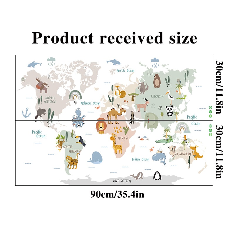 Kids World Map Wall Sticker Cartoon Animal Decal for Nursery Bedroom Educational Wall Decor