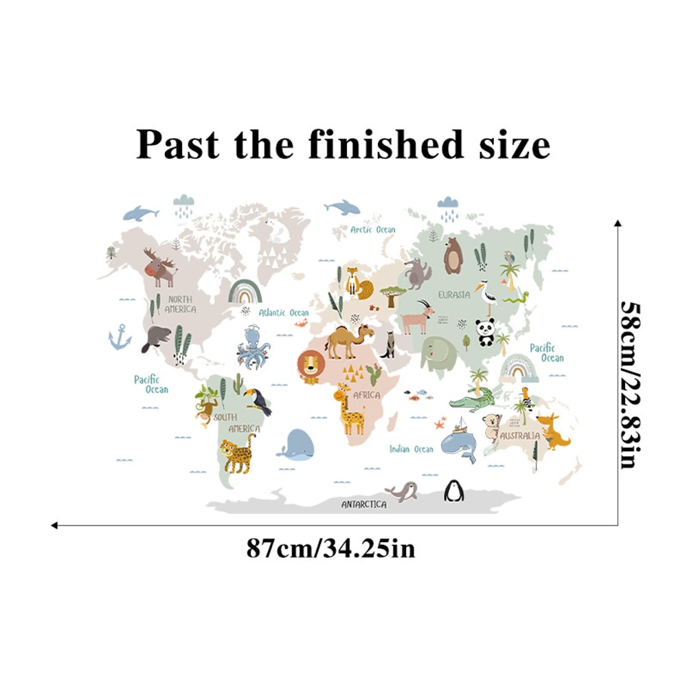 Kids World Map Wall Sticker Cartoon Animal Decal for Nursery Bedroom Educational Wall Decor