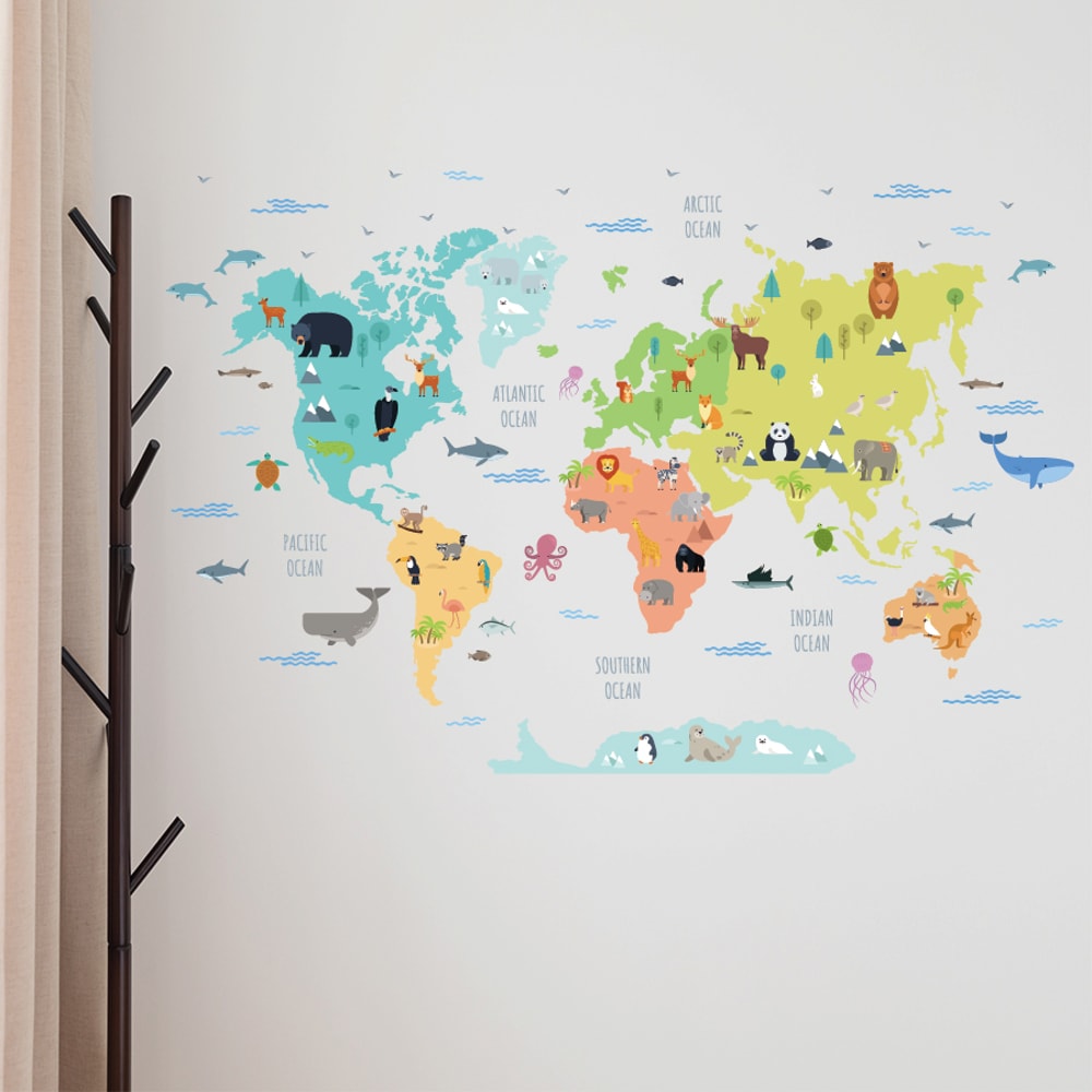 Kids Animal World Map Wall Sticker Educational Nursery Decor