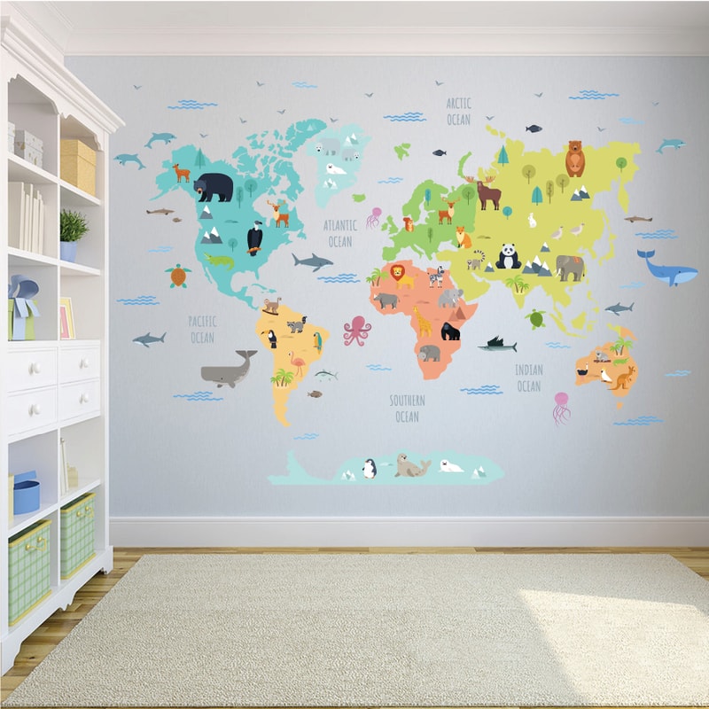 Kids Animal World Map Wall Sticker Educational Nursery Decor