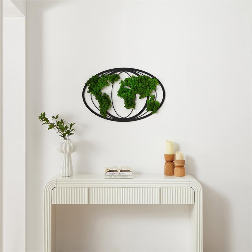 Moss World Map Metal Wall Art Eco Friendly Modern World Map Decor for Home & Office