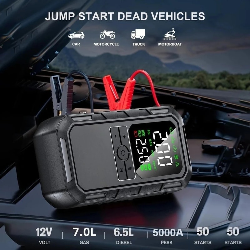 Portable Car Jump Starter with Digital Tire Inflator & Air Compressor for Gas & Diesel