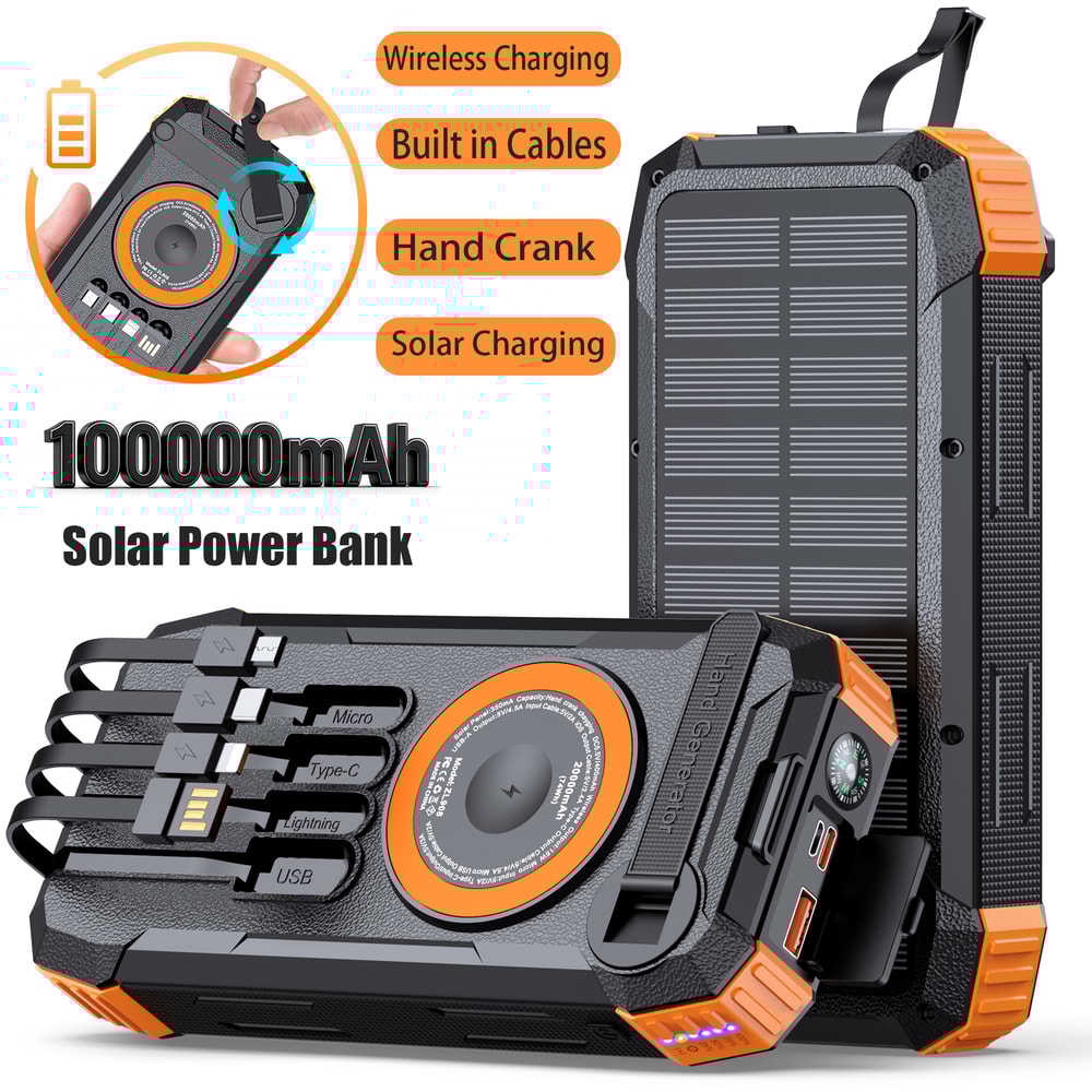 High Capacity Solar Power Bank with Wireless Charger & Hand Crank LED Light