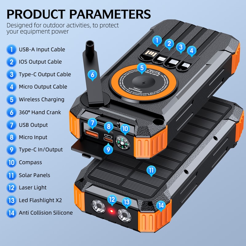 High Capacity Solar Power Bank with Wireless Charger & Hand Crank LED Light