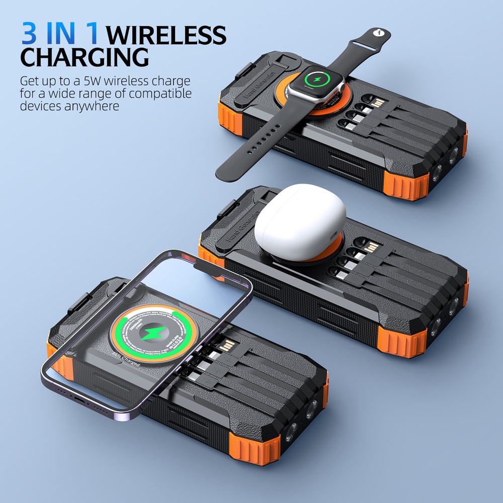 High Capacity Solar Power Bank with Wireless Charger & Hand Crank LED Light