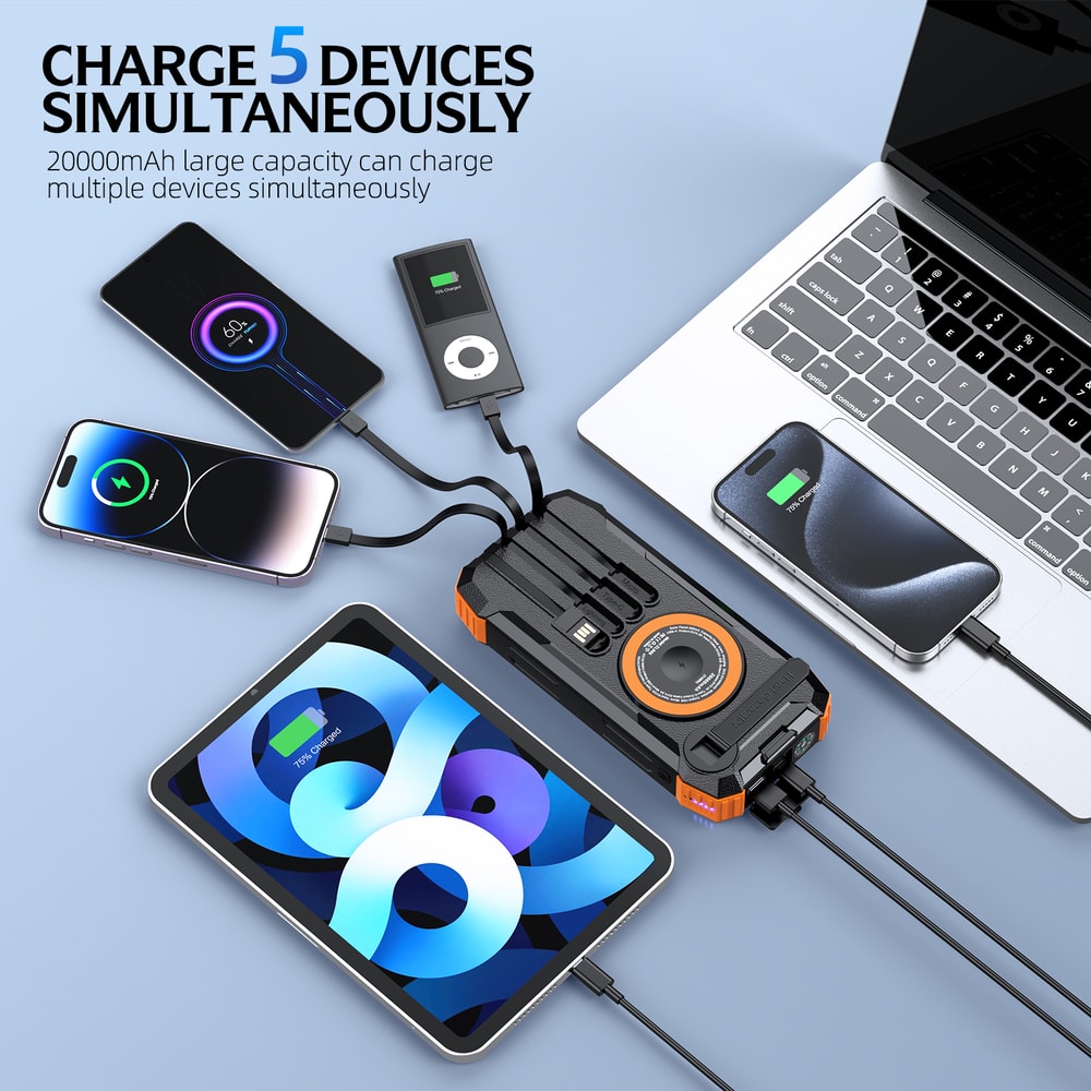 High Capacity Solar Power Bank with Wireless Charger & Hand Crank LED Light