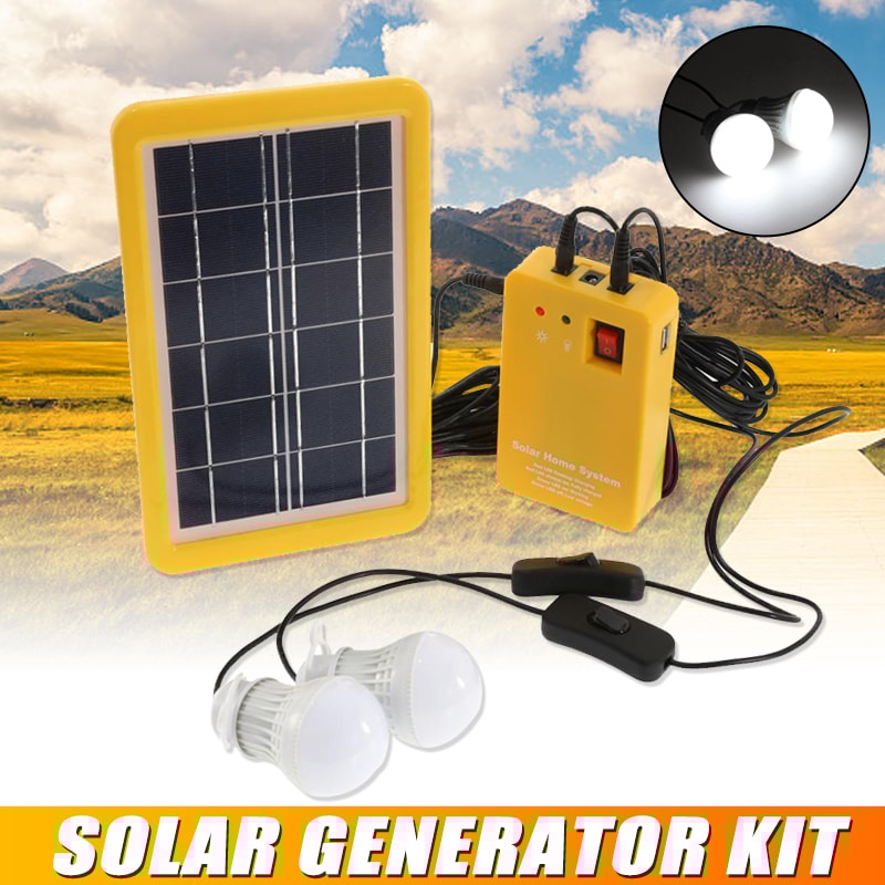 Solar Panel Emergency Light Kit With USB Charger LED Bulbs 1