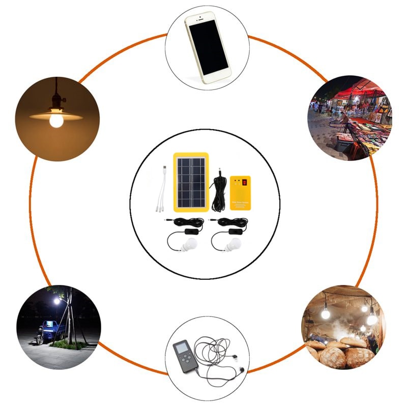 Solar Panel Emergency Light Kit With USB Charger LED Bulbs 3