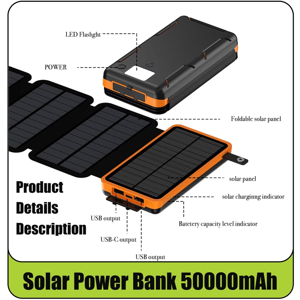 Solar Power Bank with Folding Panels Portable Outdoor Charger for Camping & Travel