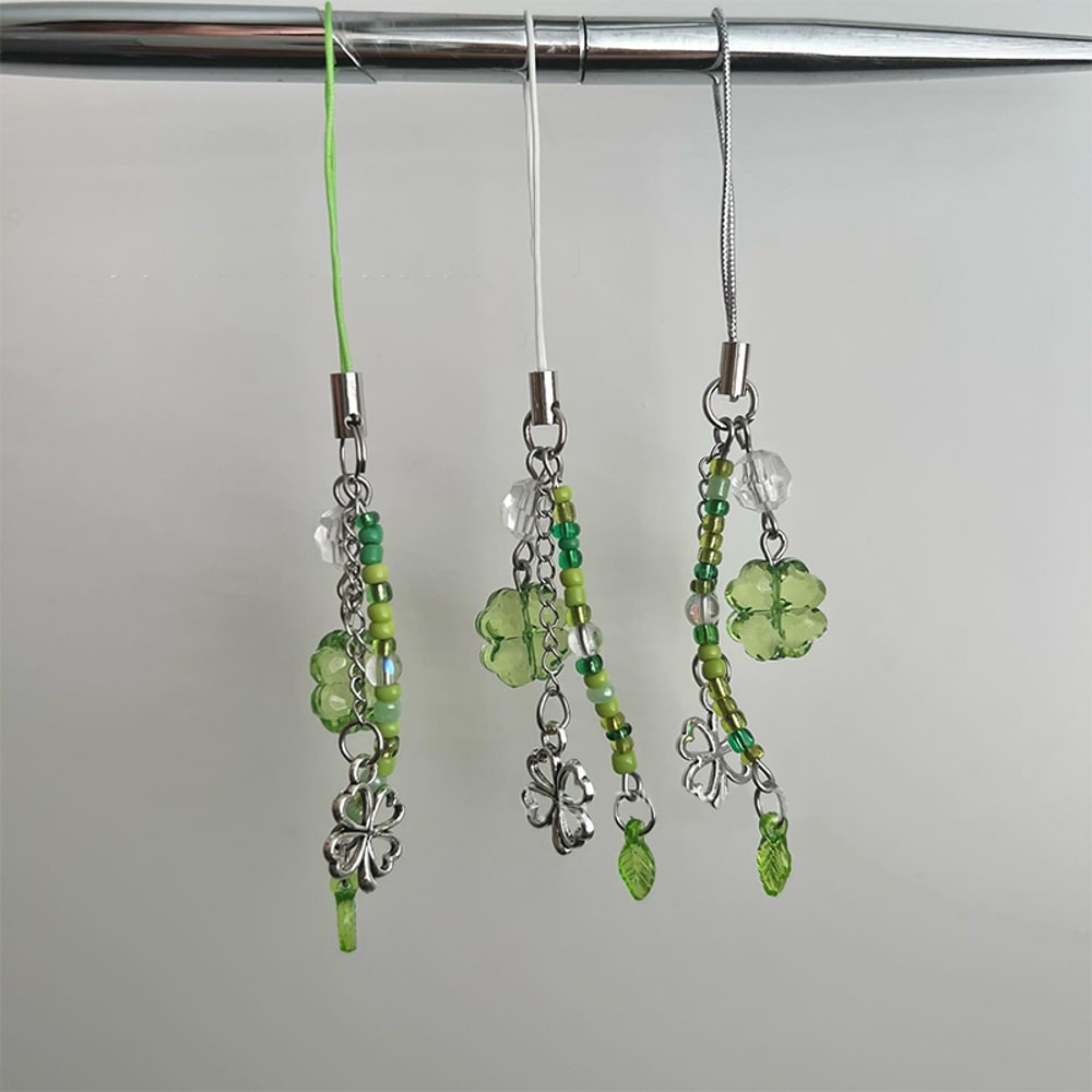 Lucky Clover Beaded Phone Chain Charm Colorful Keyring Wrist Strap Accessory 1