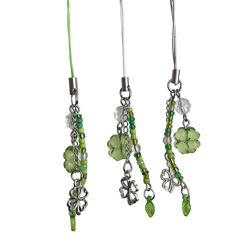 Lucky Clover Beaded Phone Chain Charm Colorful Keyring Wrist Strap Accessory 4