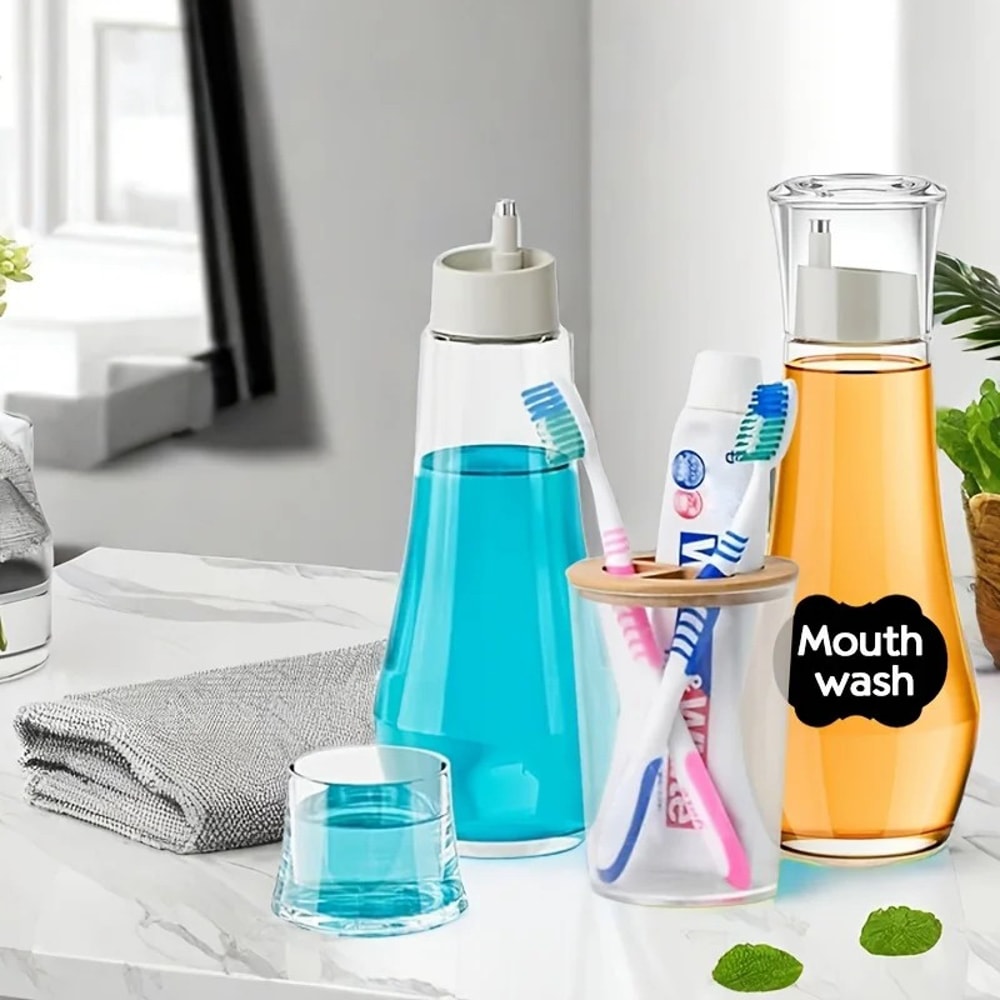 Clear Glass Mouthwash Dispenser Bottle With Lid For Bathroom Countertop Refillable Use 4