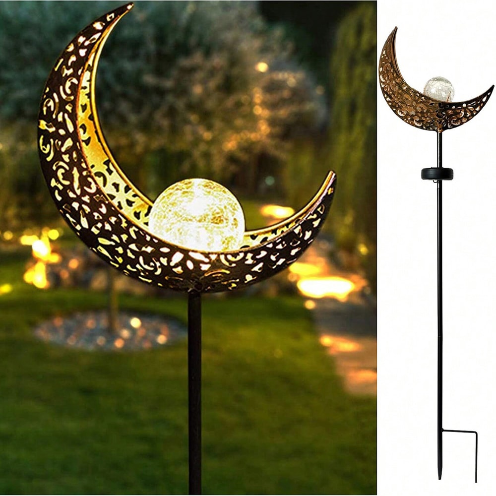 Solar Garden Lights Moon Fairy Crackle Glass Stake Warm LED Outdoor Decor