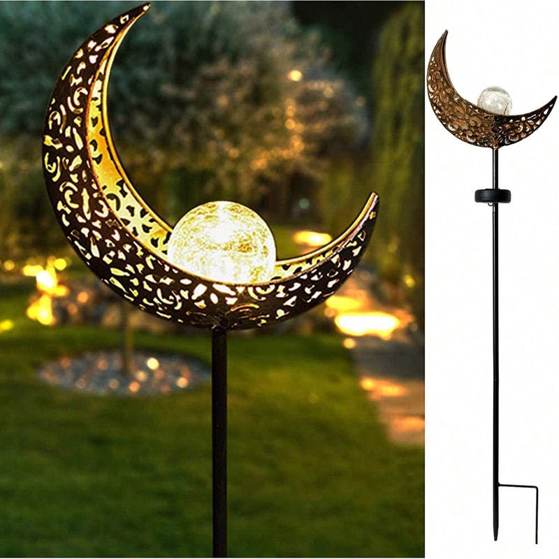 Solar Garden Lights Moon Fairy Crackle Glass Stake Warm LED Outdoor Decor