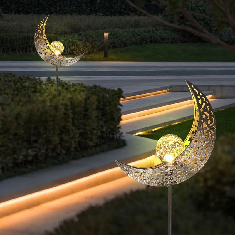 Solar Garden Lights Moon Fairy Crackle Glass Stake Warm LED Outdoor Decor