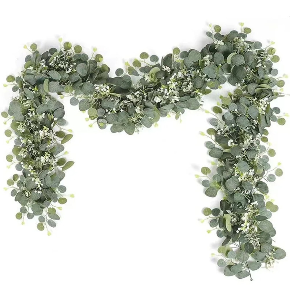 Artificial Eucalyptus Garland with White Flowers & Berries for Wedding and Home Decor
