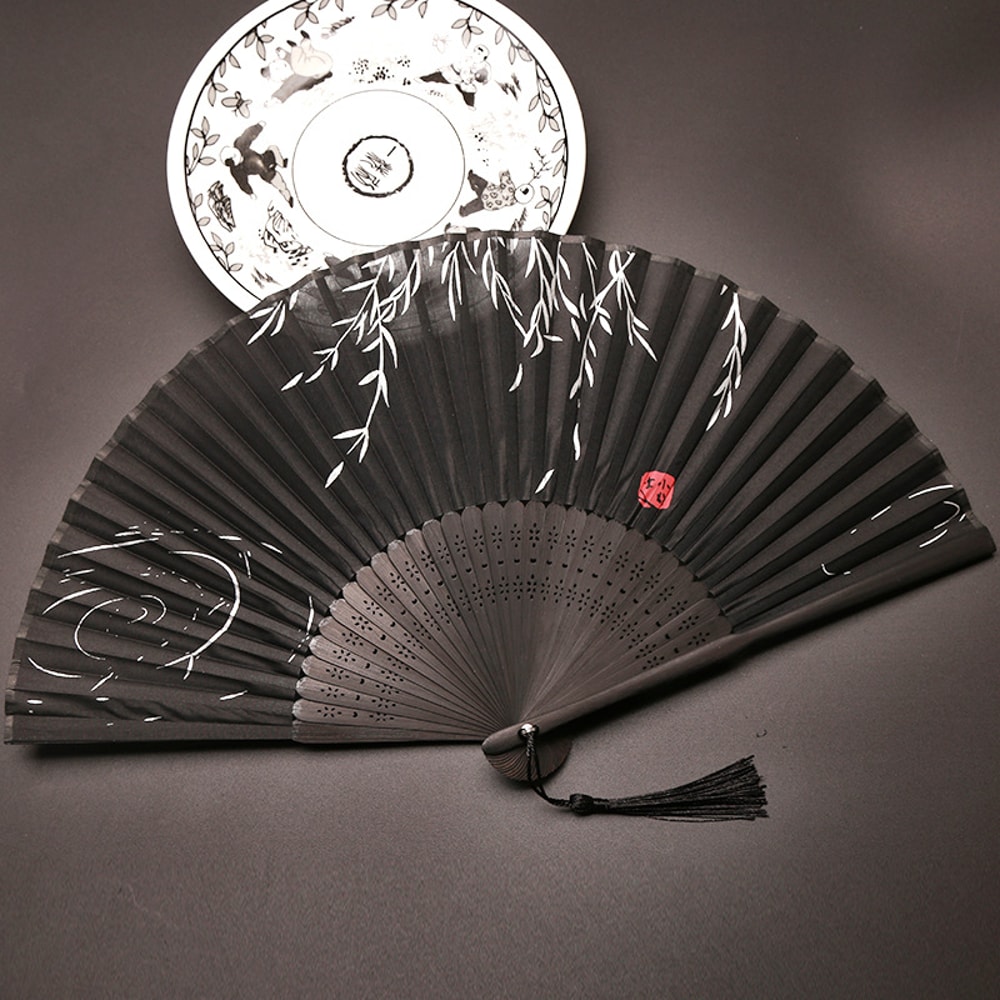 Elegant Black Chinese Folding Fan for Dance, Parties and Vintage Style