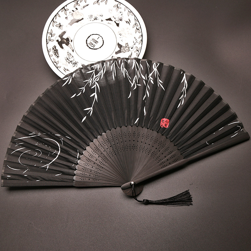Elegant Black Chinese Folding Fan for Dance, Parties and Vintage Style