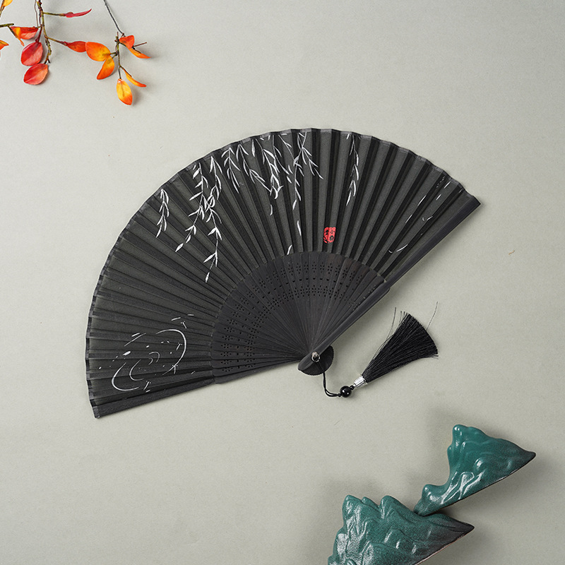Elegant Black Chinese Folding Fan for Dance, Parties and Vintage Style