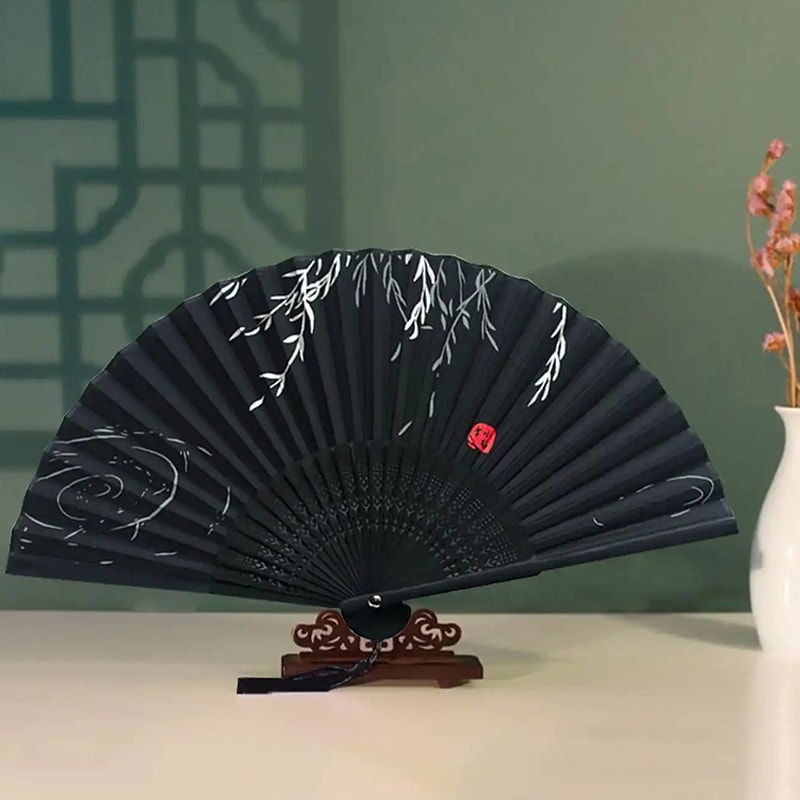 Elegant Black Chinese Folding Fan for Dance, Parties and Vintage Style