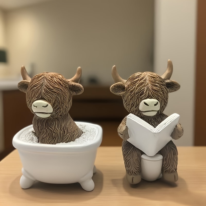 Highland Cow Reading Book Statue Funny Bathroom Decor Farmhouse Resin Ornament 0