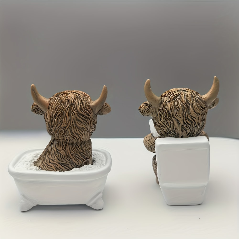 Highland Cow Reading Book Statue Funny Bathroom Decor Farmhouse Resin Ornament 2