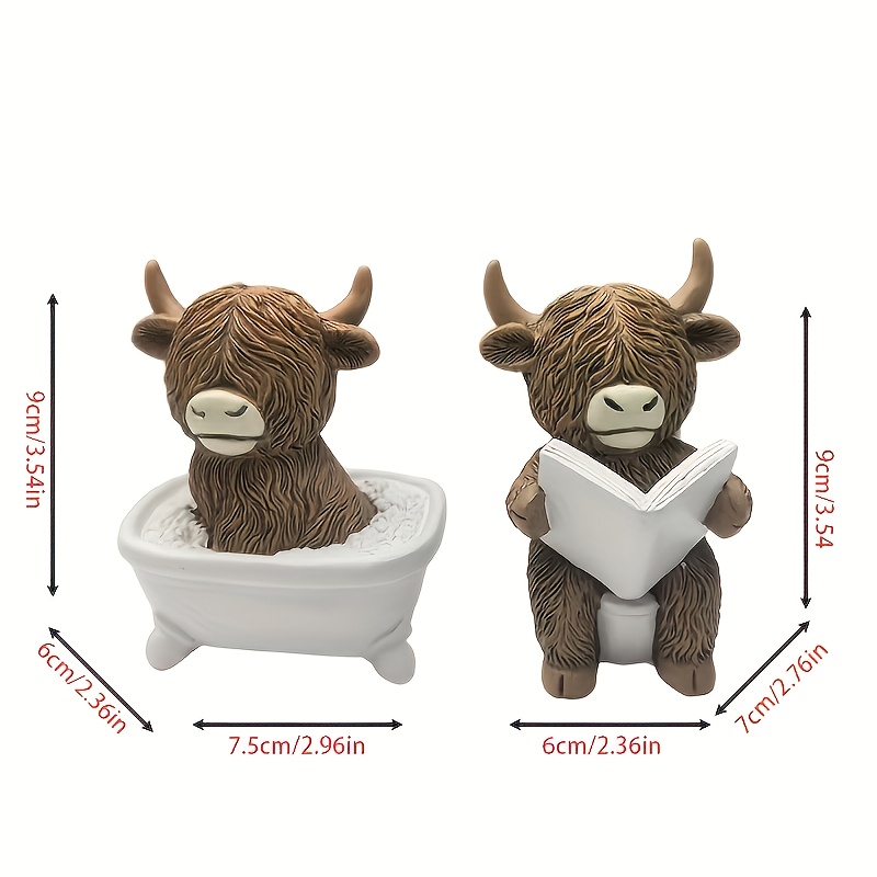 Highland Cow Reading Book Statue Funny Bathroom Decor Farmhouse Resin Ornament 4