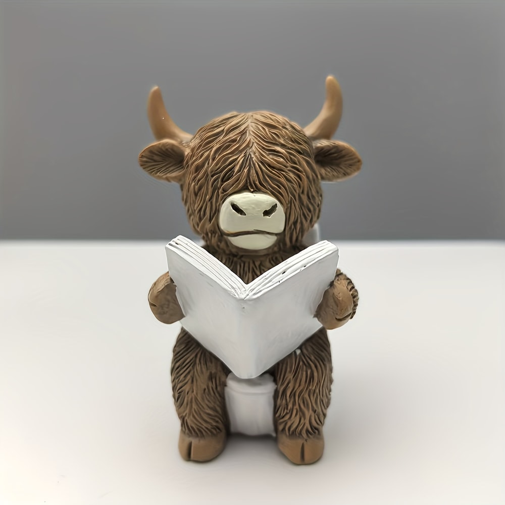 Highland Cow Reading Book Statue Funny Bathroom Decor Farmhouse Resin Ornament 5