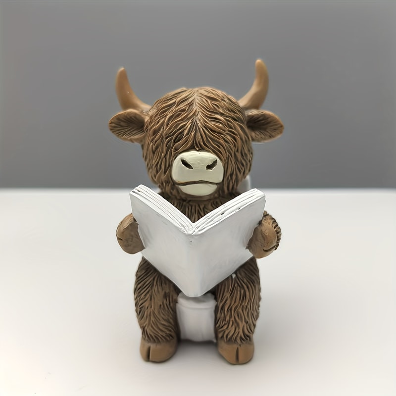 Highland Cow Reading Book Statue Funny Bathroom Decor Farmhouse Resin Ornament 5