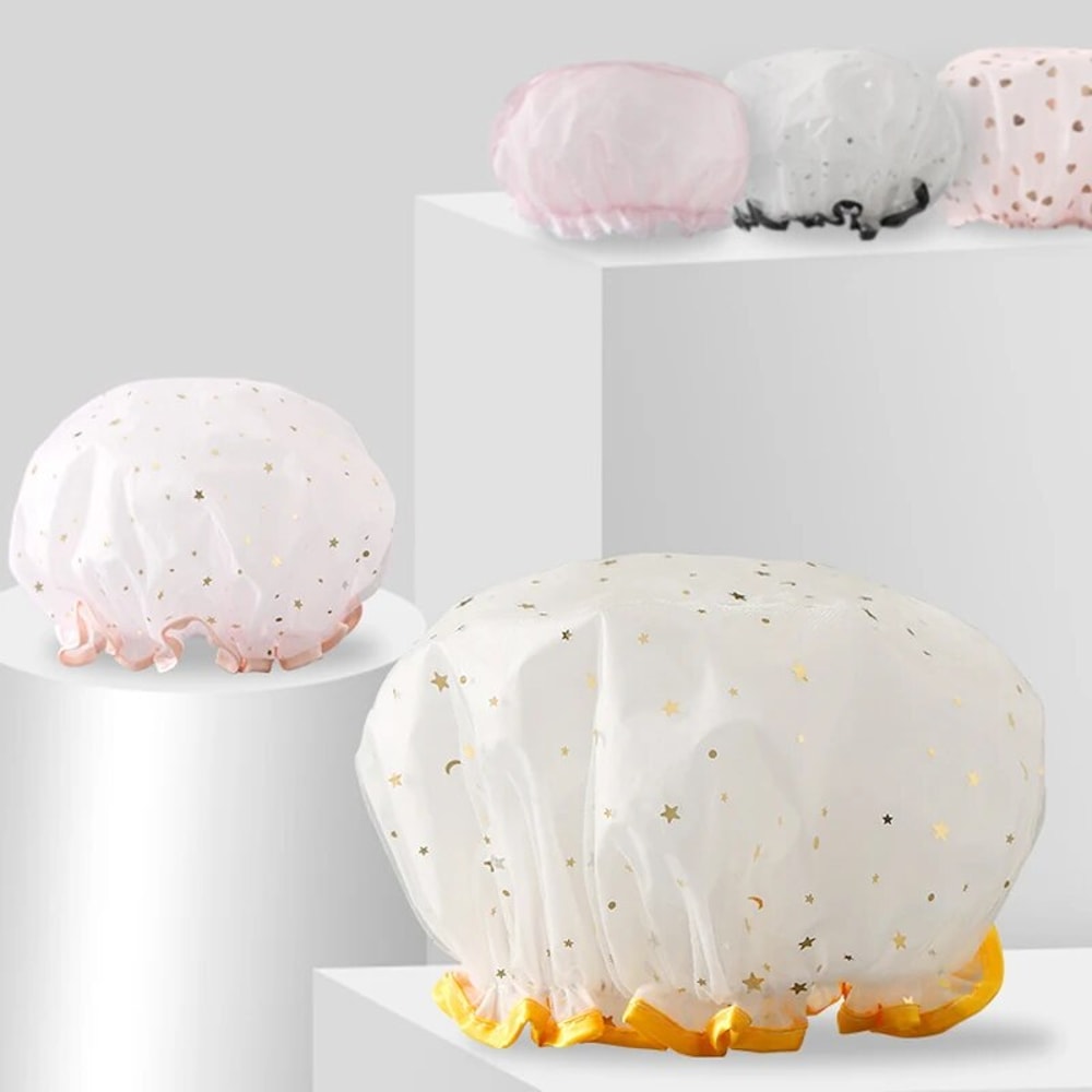 Double Layer Waterproof Shower Cap For Women Reusable PVC Bath And Hair Protection Cap 1