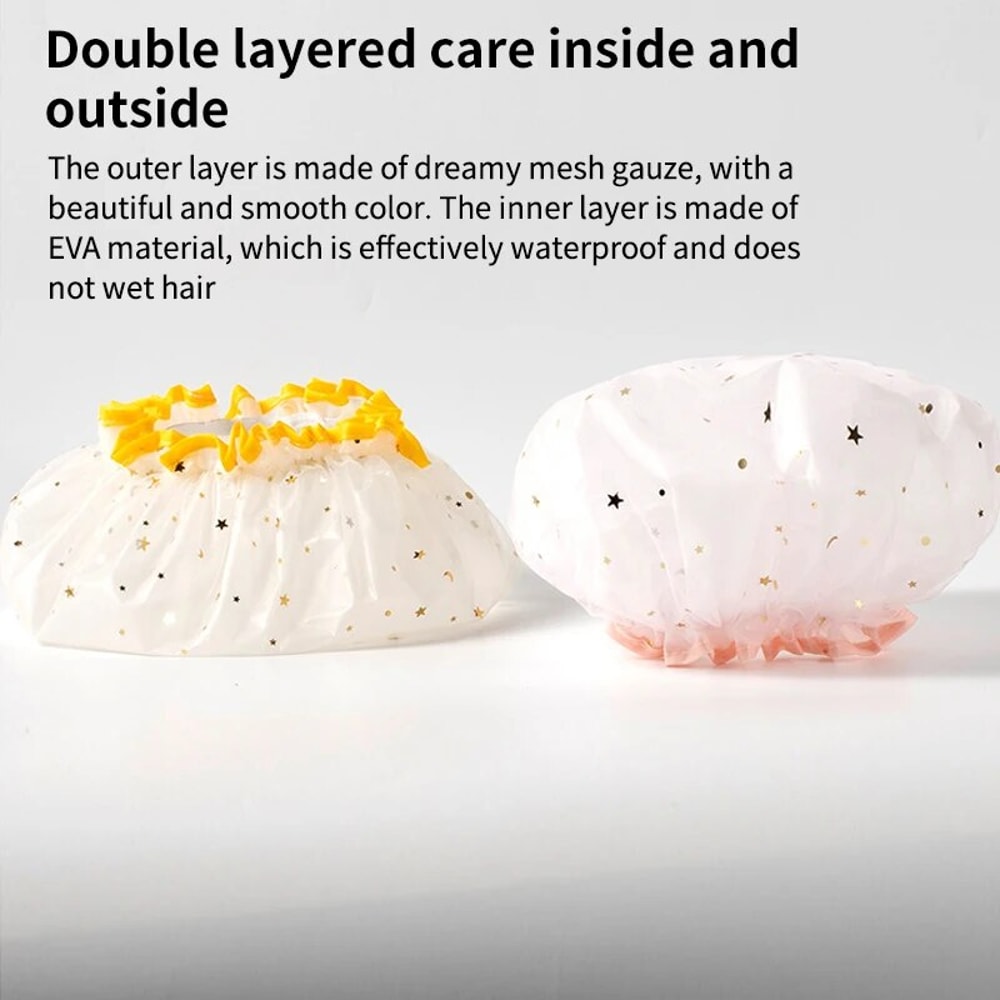 Double Layer Waterproof Shower Cap For Women Reusable PVC Bath And Hair Protection Cap 2