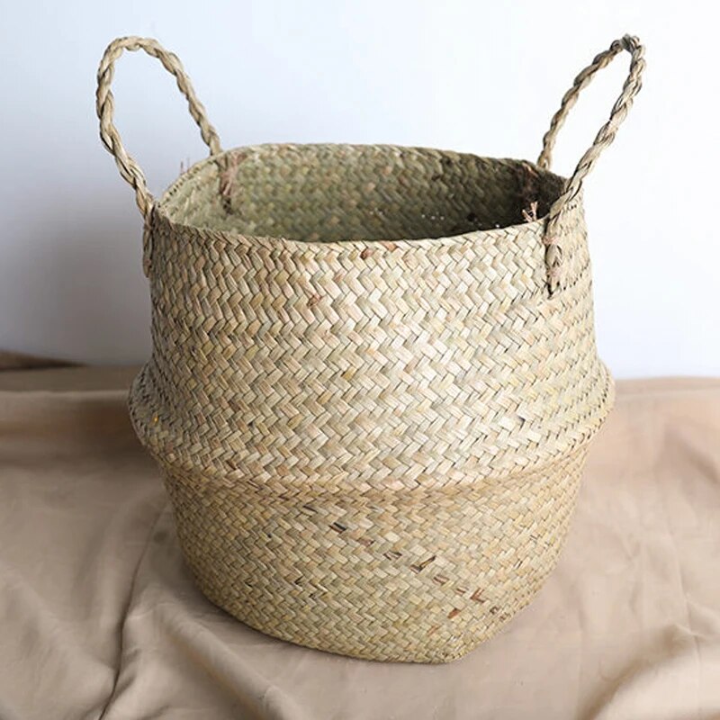 Foldable Seagrass Storage Basket Wicker Toy Organizer Laundry Plant Basket