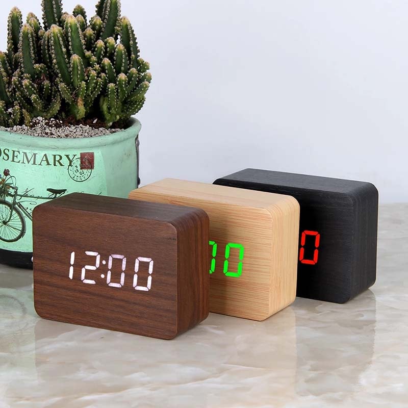 Smart LED Wooden Alarm Clock with Voice Control and Dual Power Display