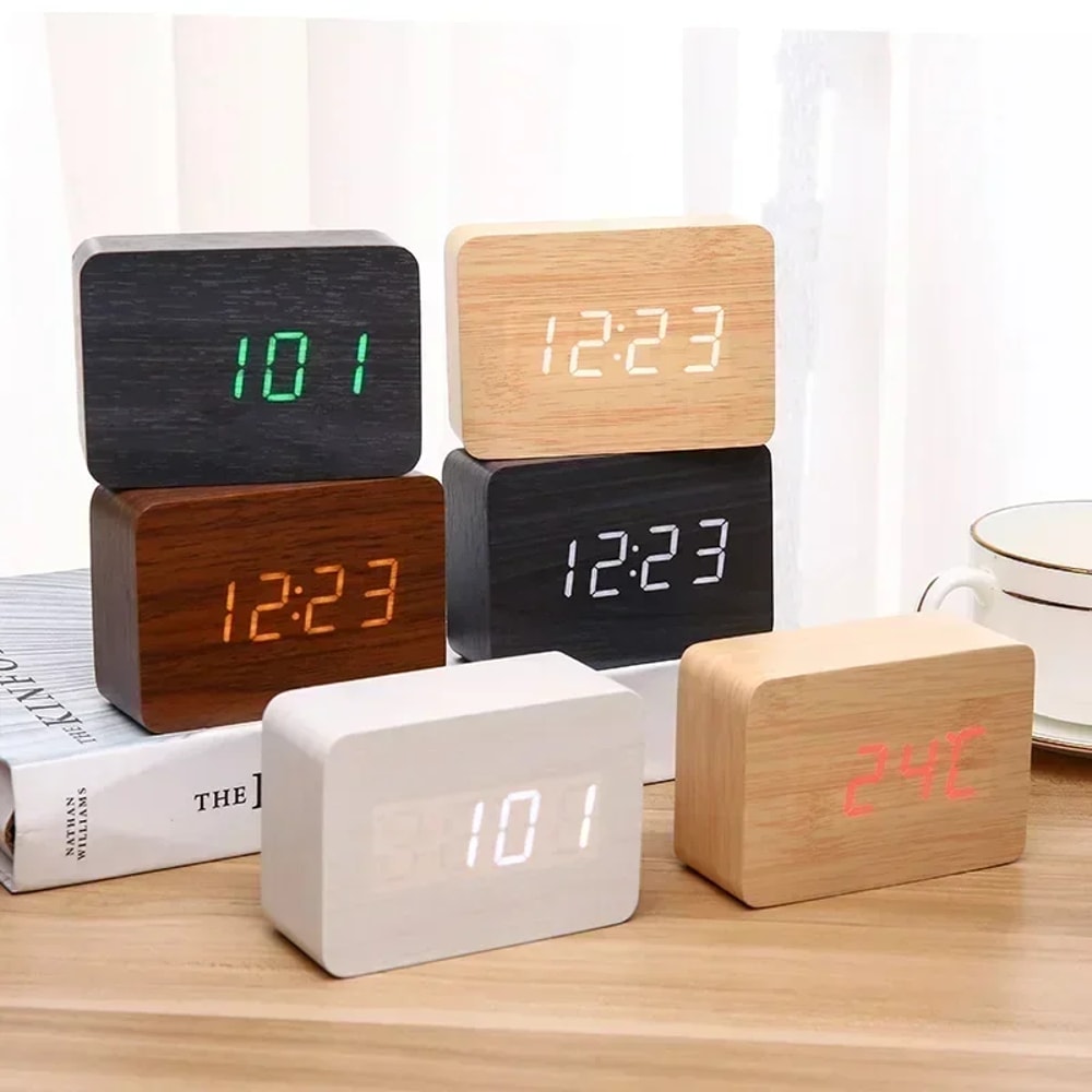 Smart LED Wooden Alarm Clock with Voice Control and Dual Power Display