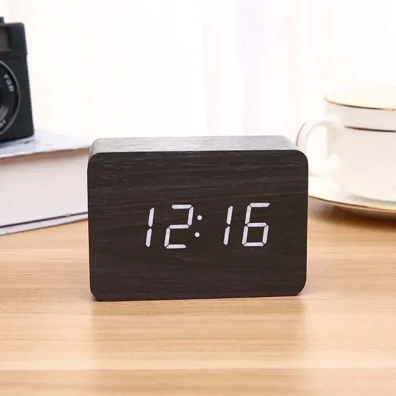 Smart LED Wooden Alarm Clock with Voice Control and Dual Power Display